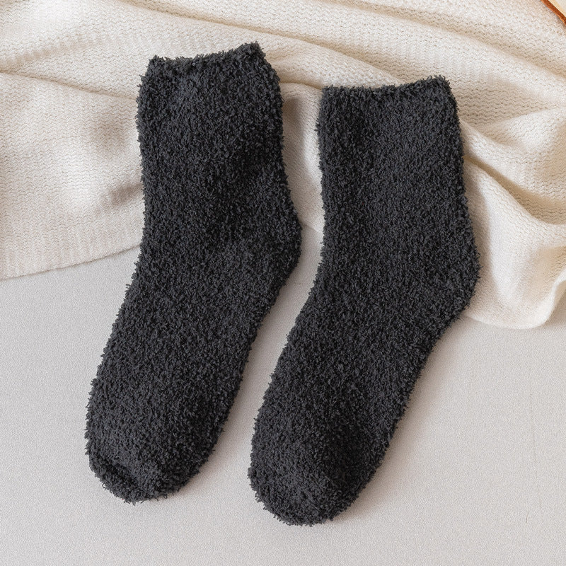 Autumn And Winter Half Velvet Socks Coral Velvet Women's Solid Color Socks Thickened Warm Mid-calf Length Socks