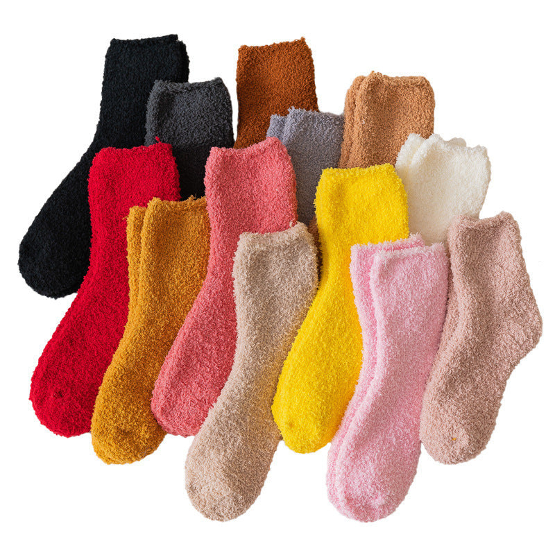 Autumn And Winter Half Velvet Socks Coral Velvet Women's Solid Color Socks Thickened Warm Mid-calf Length Socks