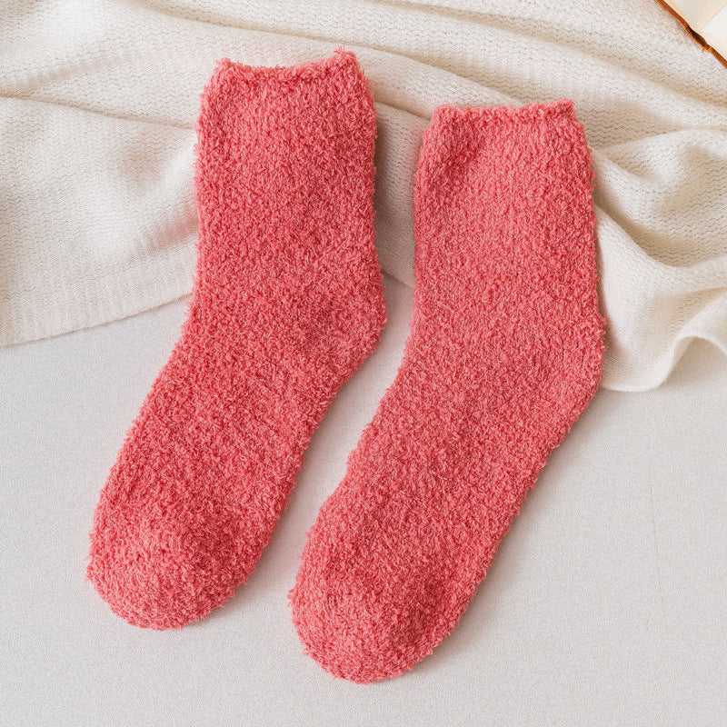 Autumn And Winter Half Velvet Socks Coral Velvet Women's Solid Color Socks Thickened Warm Mid-calf Length Socks