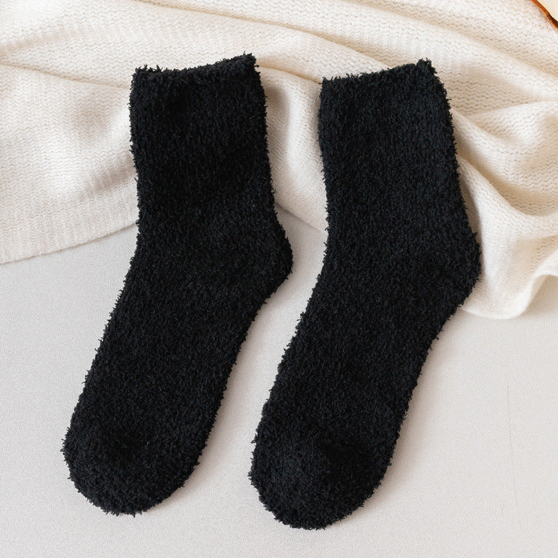 Autumn And Winter Half Velvet Socks Coral Velvet Women's Solid Color Socks Thickened Warm Mid-calf Length Socks