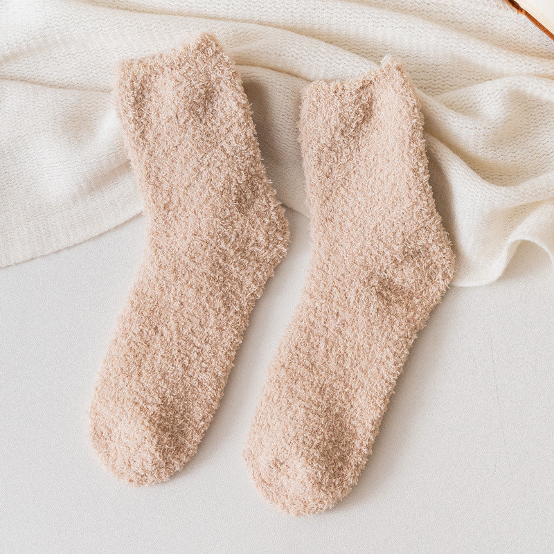 Autumn And Winter Half Velvet Socks Coral Velvet Women's Solid Color Socks Thickened Warm Mid-calf Length Socks
