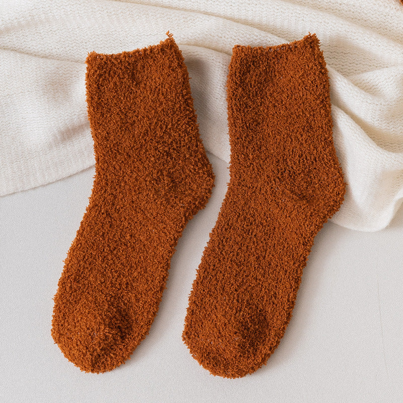 Autumn And Winter Half Velvet Socks Coral Velvet Women's Solid Color Socks Thickened Warm Mid-calf Length Socks