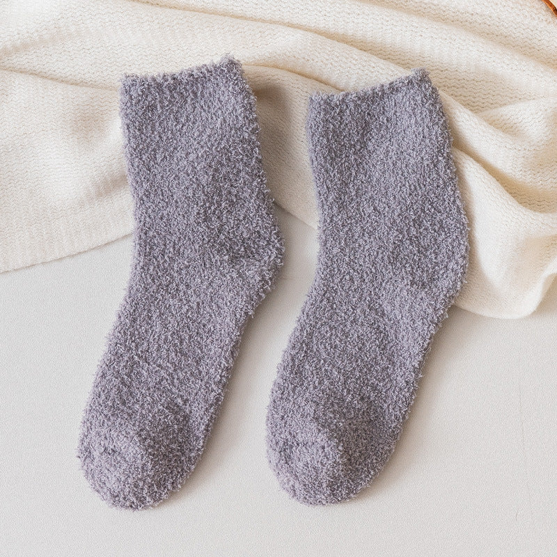 Autumn And Winter Half Velvet Socks Coral Velvet Women's Solid Color Socks Thickened Warm Mid-calf Length Socks