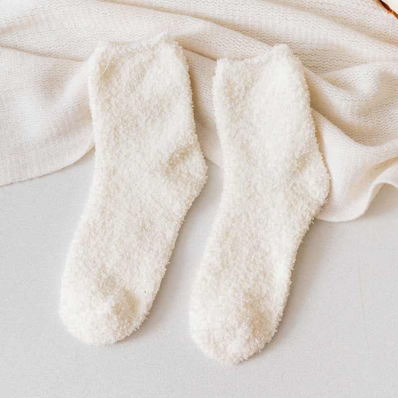 Autumn And Winter Half Velvet Socks Coral Velvet Women's Solid Color Socks Thickened Warm Mid-calf Length Socks